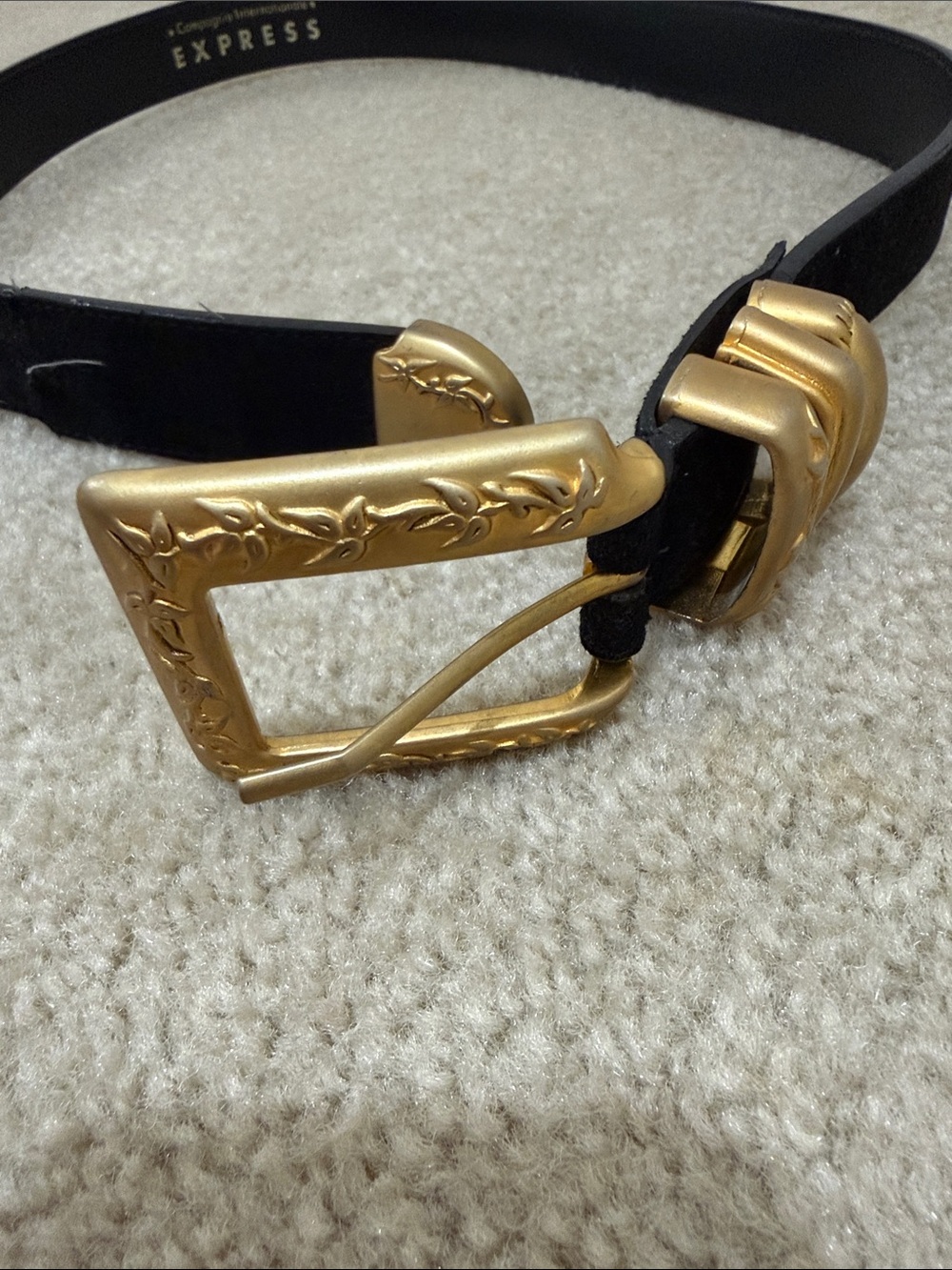 Express Black Leather Belt with Embossed Gold Buckle
